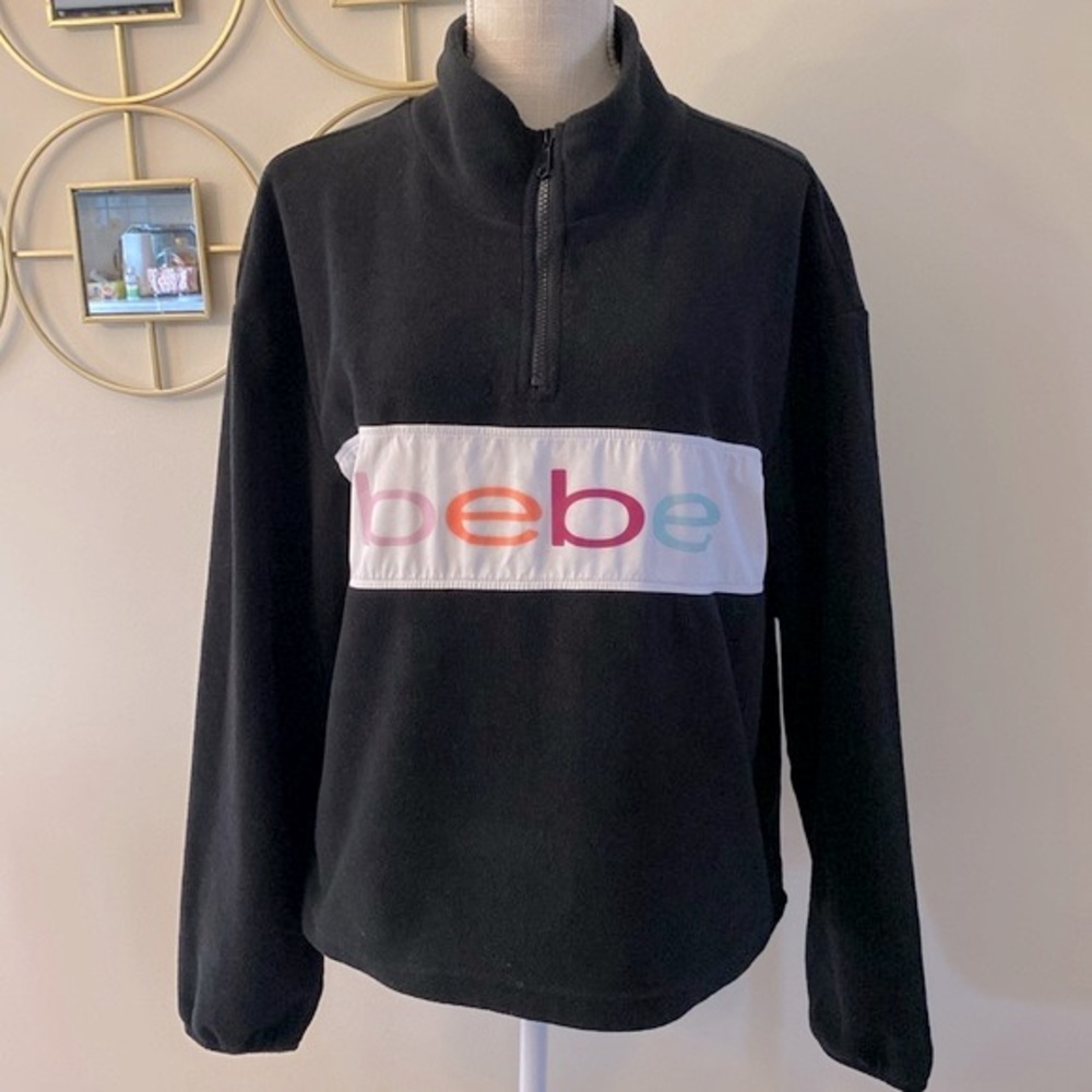 BEBE sport woman’s black fleece sweatshirt rainbow letters long sleeve 1/2 zip